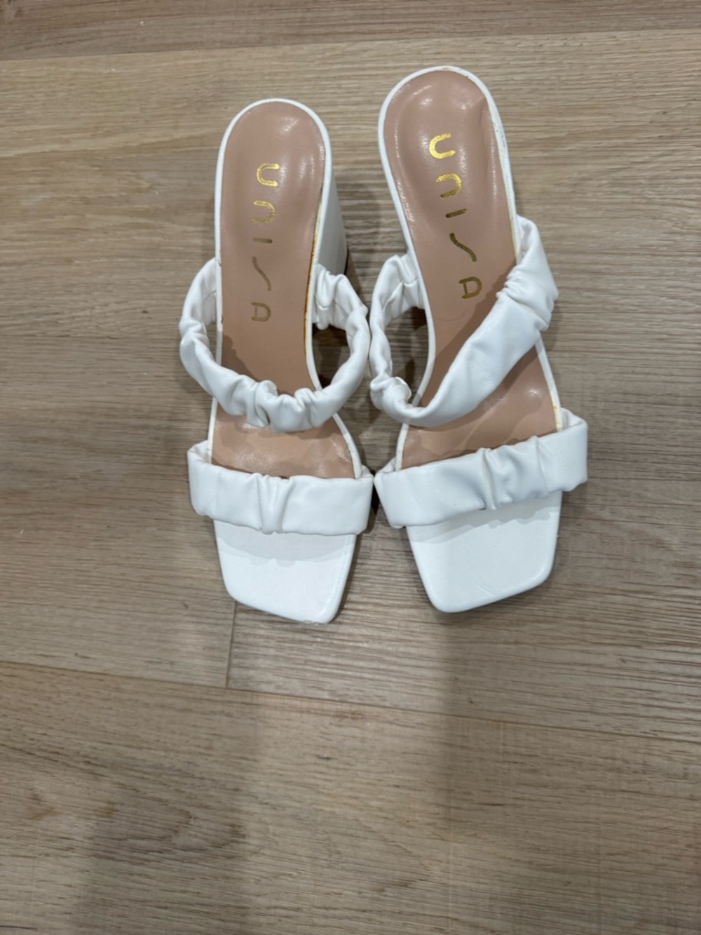 Unisa White Ruched Double-Strap Slide Heels